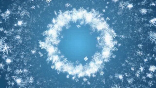 Magical snow blizzard swirl forming from center expanding outward sparkling circular winter motion graphic effect