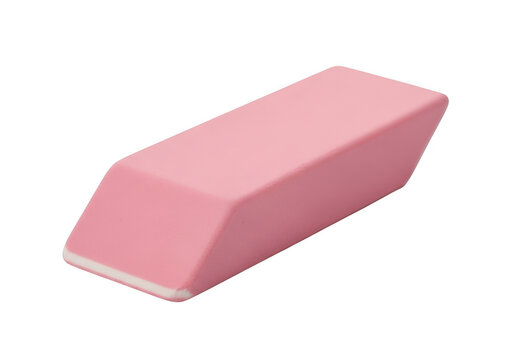 A single pink rectangular eraser with beveled edges presented in a studio setting isolated on transparent background