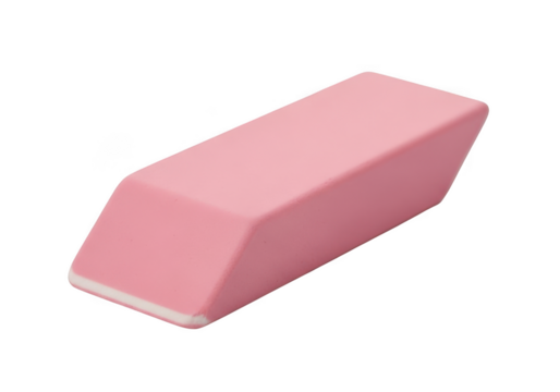 A single pink rectangular eraser with beveled edges presented in a studio setting isolated on transparent background