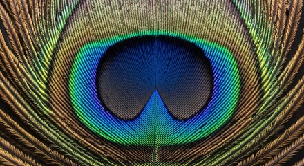 Obraz premium Extreme closeup macro shot of a vibrant peacock feather, showcasing the intricate details and iridescent eyespot with stunning blue, green, and gold colors