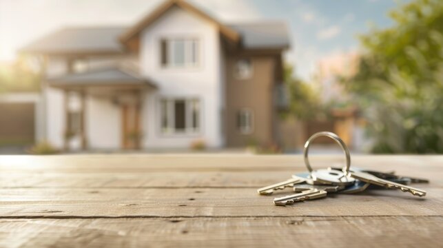 A set of keys on a wooden table with a blurred house in the background. The scene conveys themes of home ownership and real estate.
