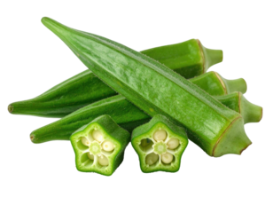 Pile of fresh, green okra, one cut exposing interior