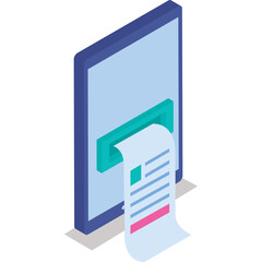 Digital receipt printing from a tablet device in a 3D isometric perspective with a light blue screen and a teal slot for paper output