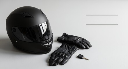 Black Motorcycle Helmet and Gloves with Keys on White Background.