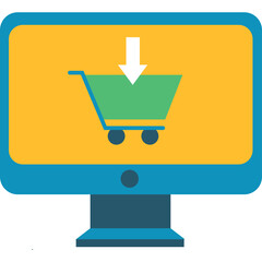 Digital Shopping Cart Icon on a Computer Monitor Display Yellow Screen with White Arrow Symbol of Online Purchase and E-commerce Transaction