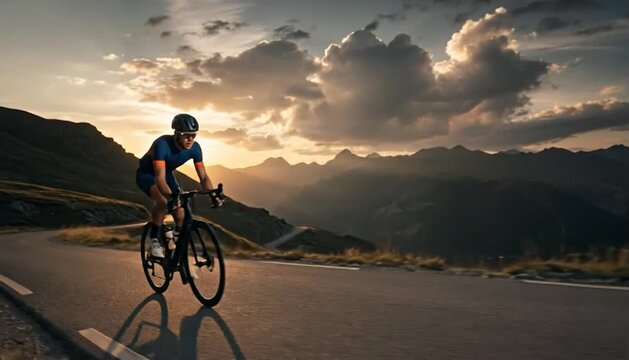 A focused cyclist rides a modern road bicycle uphill on a winding mountain road during a beautiful sunset, bathed in golden light.