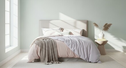 Bright and airy bedroom with natural light streaming through the window, creating a serene and inviting atmosphere for relaxation and comfort.