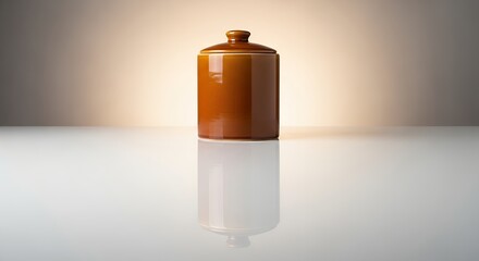 Brown Ceramic Jar with Lid on Reflective Surface.