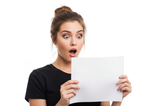 Young woman with wide eyes and open mouth holding a blank white sheet of paper isolated on transparent background