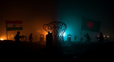Tense border standoff with India and Bangladesh flags, soldiers, and barbed wire at night, a dramatic scene for geopolitical analysis and history documentaries