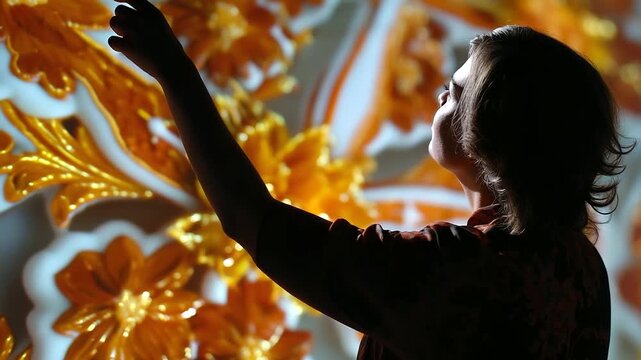 Partial silhouette of artist near crystal clear screen with seamless gingerbread and orange pattern display, with copy space