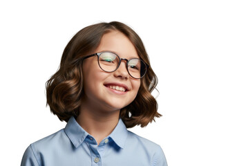 A young girl with short brown wavy hair wearing round glasses and a blue collared shirt smiling brightly isolated on transparent background