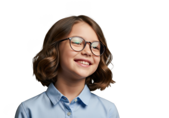 A young girl with short brown wavy hair wearing round glasses and a blue collared shirt smiling brightly isolated on transparent background