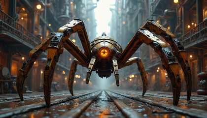 Mechanical spider walks on city railway tracks. Industrial arachnid moves through old town street. Gears and steam vents surround metal insect.