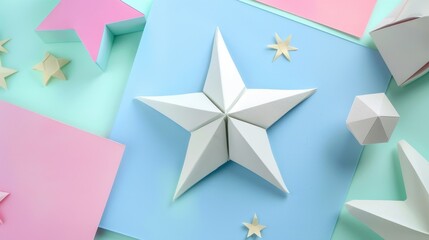 Obraz premium Colorful paper stars and geometric shapes arranged on a pastel background. The scene features a large white star and smaller decorative elements in pink and blue.