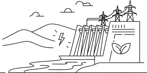 Hydroelectric power plant illustration generating clean renewable energy source