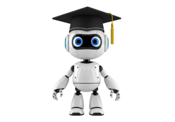 Cute cartoon robot wearing a graduation cap symbolizing artificial intelligence and education with a bright future isolated on transparent background