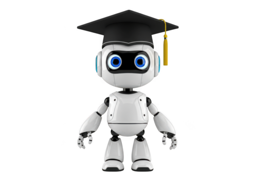 Cute cartoon robot wearing a graduation cap symbolizing artificial intelligence and education with a bright future isolated on transparent background