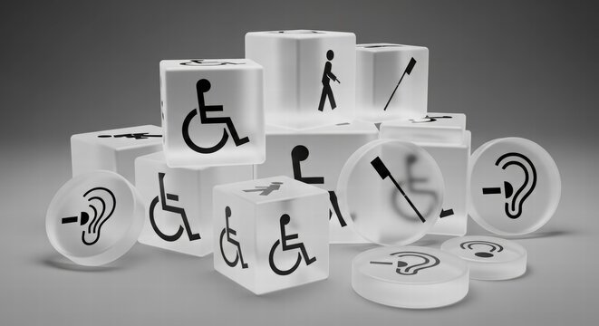 Accessibility Icons: Clear symbols of accessibility adorn a series of translucent blocks and disks.  These icons represent various accommodations.