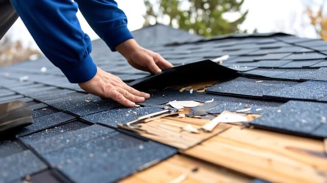 Repairing roof tiles on a house.