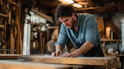 Craftsman at Work: A skilled craftsman, engrossed in his craft, meticulously sands a wooden plank in his well-equipped workshop, showcasing dedication and artistry. - Powered by Adobe