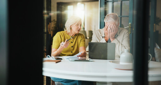 Laptop, frustrated and taxes with old couple in home for retirement fund, mortgage debt and budget. Online banking, savings account and overdraft with upset senior man and woman in house for audit - Powered by Adobe