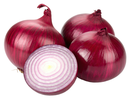 Three red onions, one sliced, concentric rings visible
