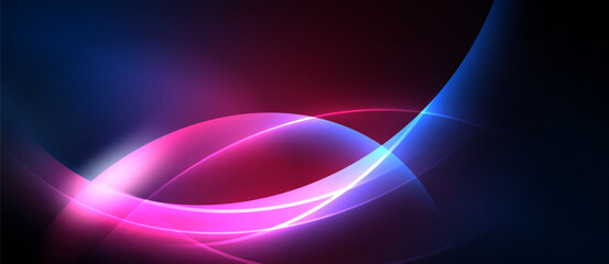 Abstract flowing lines, vibrant colors. Blue, pink hues blend, creating dynamic visual effect. Dark background emphasizes luminosity.