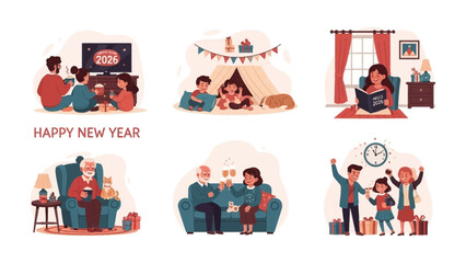 Festive Gathering for New Year: Illustrations of diverse families and individuals enjoying cozy moments of new year celebration. Cozy interior atmosphere, capture the feeling of gathering, connection.