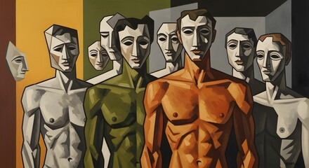 Group of Abstract Figures in Dramatic Lighting and Geometric Patterns