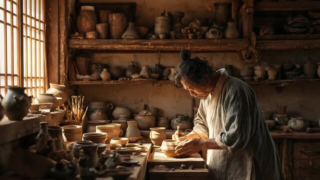 Artisan Crafting Pottery in a Workshop: A seasoned artisan meticulously crafts pottery in a rustic workshop, surrounded by shelves brimming with finished earthenware and works in progress.