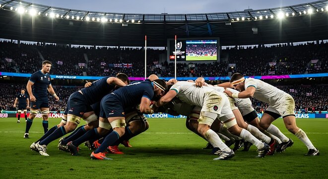 Rugby players in action during a match on a green field
