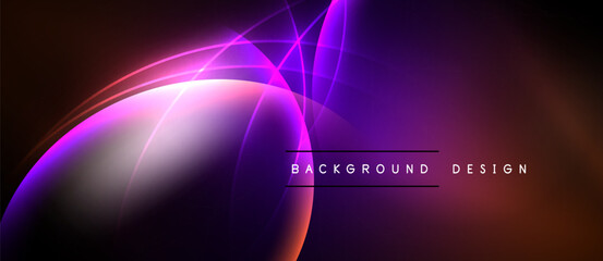 Abstract neon lights create dynamic curves, gradients. Dark background emphasizes vibrant purple, orange hues. Modern design element.