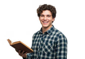 Young caucasian man with curly brown hair wearing a blue and green plaid shirt holding an open book isolated on transparent background
