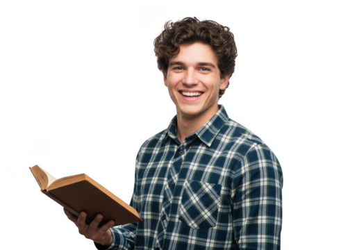 Young caucasian man with curly brown hair wearing a blue and green plaid shirt holding an open book isolated on transparent background - Powered by Adobe