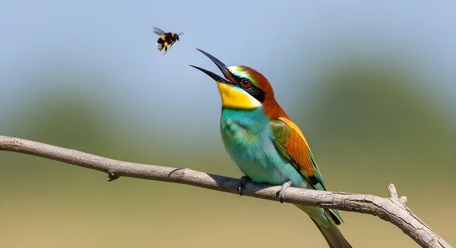 Colorful beeeater bird perched on a branch looking at a flying bumble bee outdoors