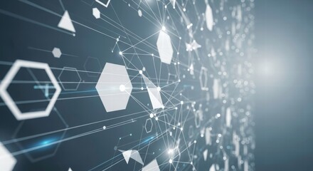 Cyber Connection: An abstract representation of the digital world, interconnected nodes and geometric shapes merge, symbolizing the complex web of information and communication.