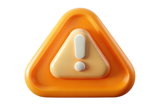 3d orange warning sign with exclamation point, alert, danger, caution icon, notification, error message, attention symbol isolated on transparent background