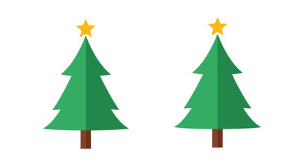 Two stylized green christmas trees with golden stars on top against a white background
