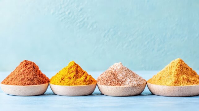 Four bowls with colorful ground spices and grains on blue surface