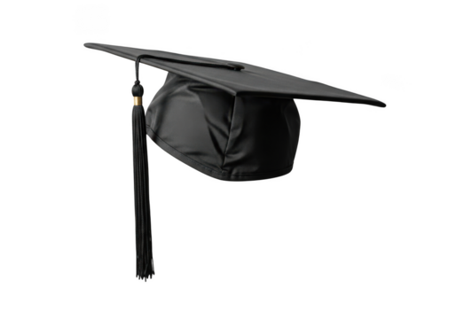 A classic black graduation cap with a dangling tassel is presented isolated on transparent background