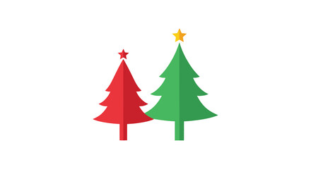 Two stylized flat design christmas trees one red and one green with yellow stars on top against a white background