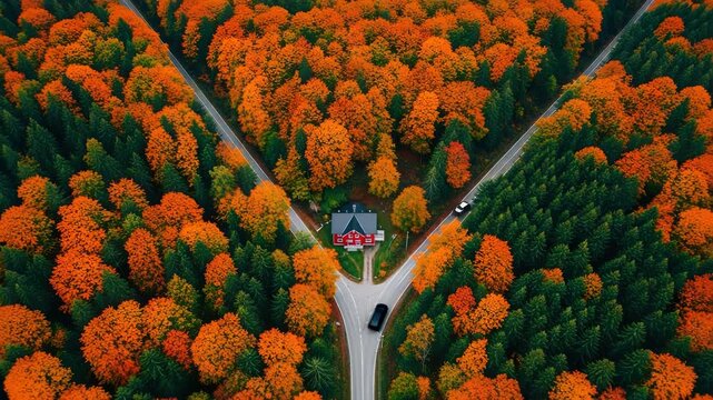 Aerial view of a red house at a fork in the road during autumn