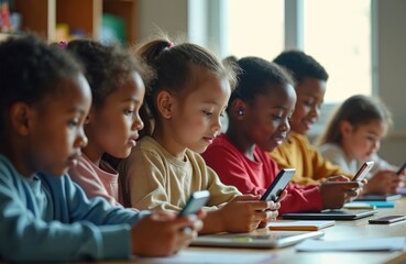 Diverse young children sit at school desks holding smartphones, absorbed in apps and games. Kids use mobile devices for learning and fun, connecting digitally in the classroom environment.