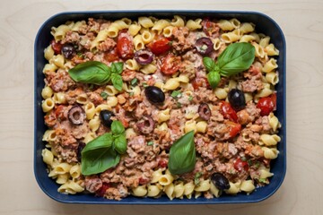 A photo of a rectangular baking dish containing a creamy pasta dish