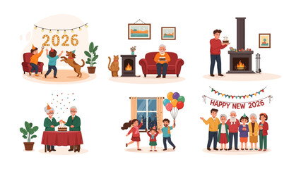 New Year's Celebration Scenes: Illustrative compilation of joyful moments with family and friends, capturing the spirit of celebration and togetherness.