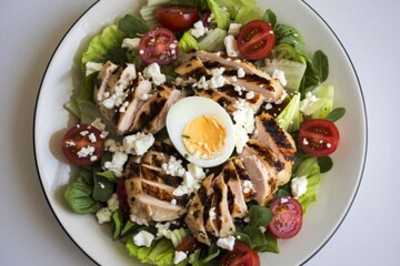 A photo of a warm meat and vegetable salad with cheese on a plate
