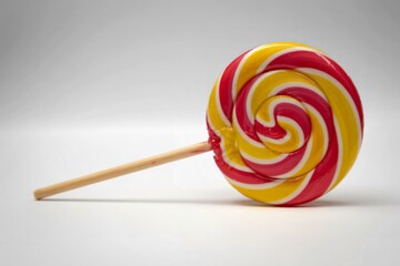 A photograph of a colorful spiral lollipop against a clean white background.