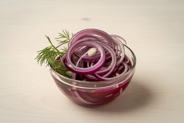 A photograph of a clear glass bowl filled with thinly sliced marinated red onions