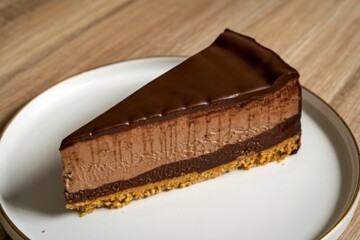 A photograph of a perfectly sliced chocolate cheesecake